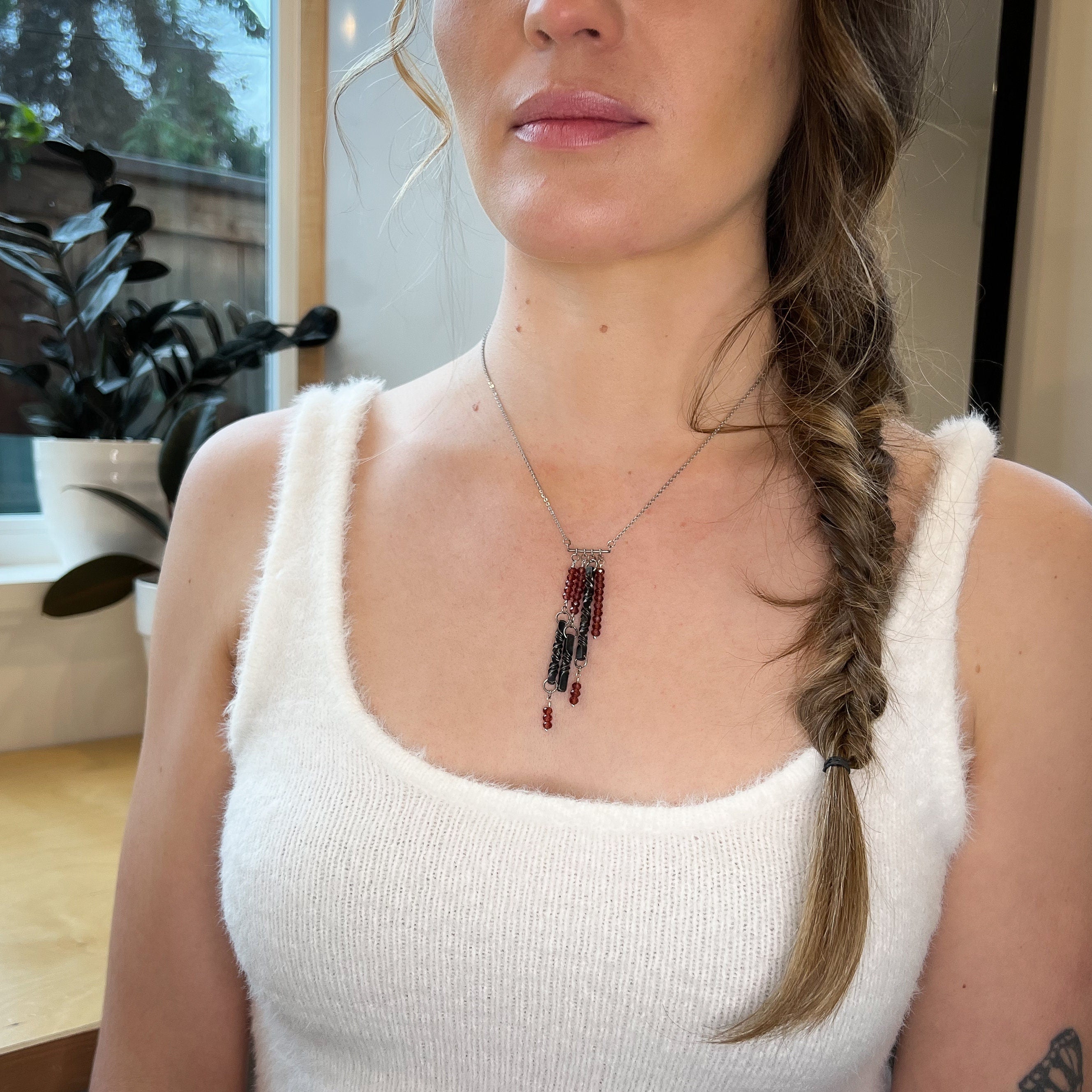 GARNET and iron  bar necklace, 6th anniversary gift for wife, January birthstone jewelry, statement necklace by blacksmith, hand forged