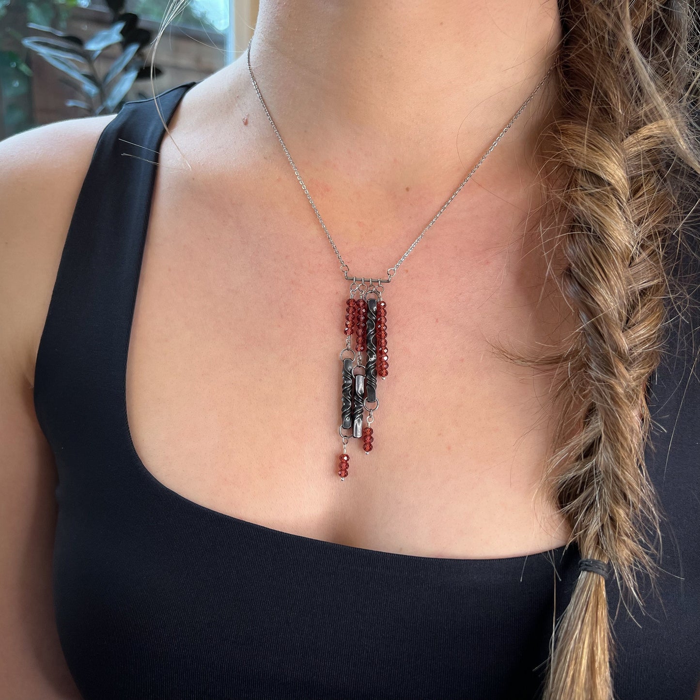 GARNET and iron  bar necklace, 6th anniversary gift for wife, January birthstone jewelry, statement necklace by blacksmith, hand forged