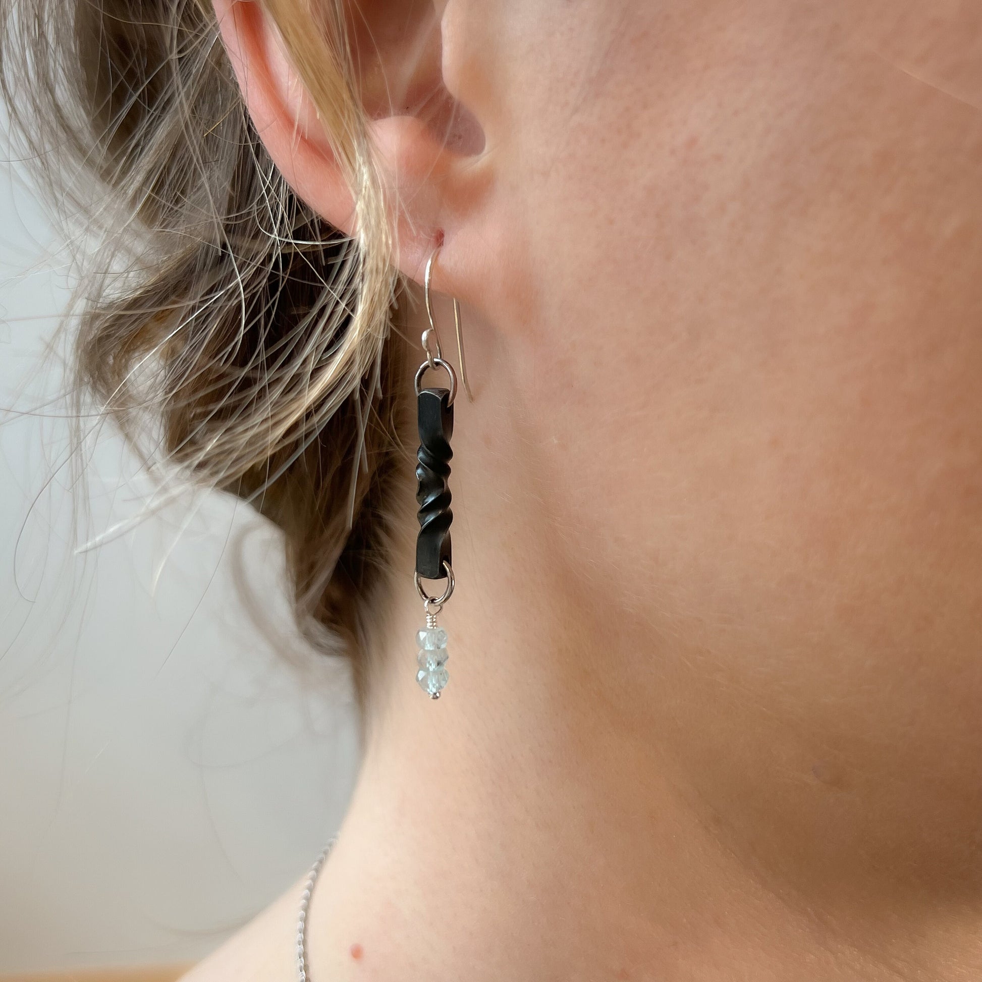 aquamarine and iron twist earrings, 6th anniversary gift, iron anniversary gift for her, aquamarine steel dangles, blacksmith made