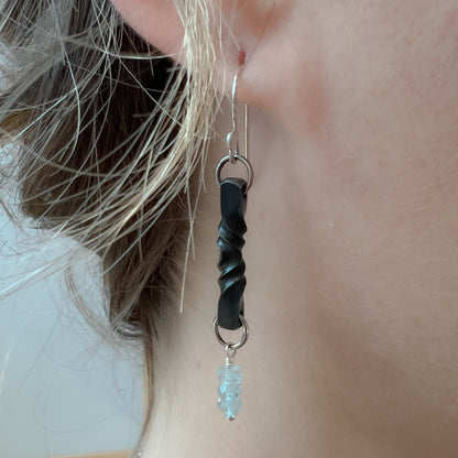 aquamarine and iron twist earrings, 6th anniversary gift, iron anniversary gift for her, aquamarine steel dangles, blacksmith made