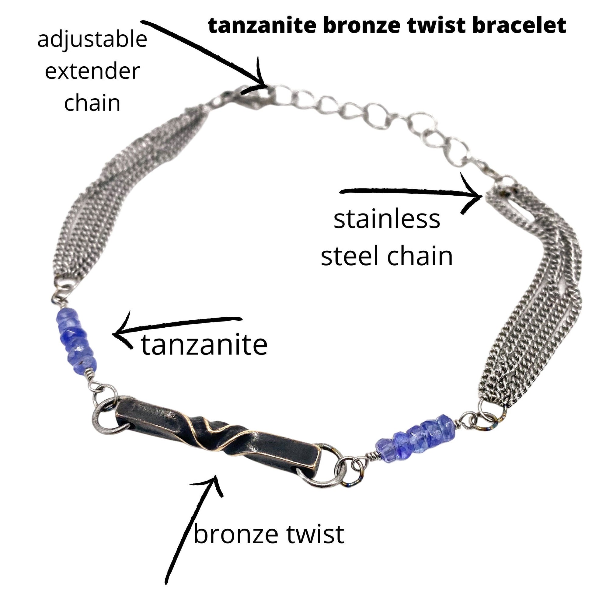 8th anniversary bronze and tanzanite bracelet, 19th anniversary gift for wife, chain bracelet, stainless steel bracelet