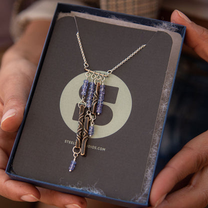 tanzanite and bronze bar necklace, 8th anniversary gift for wife, tanzanite jewelry, statement necklace by blacksmith, bronze anniversary