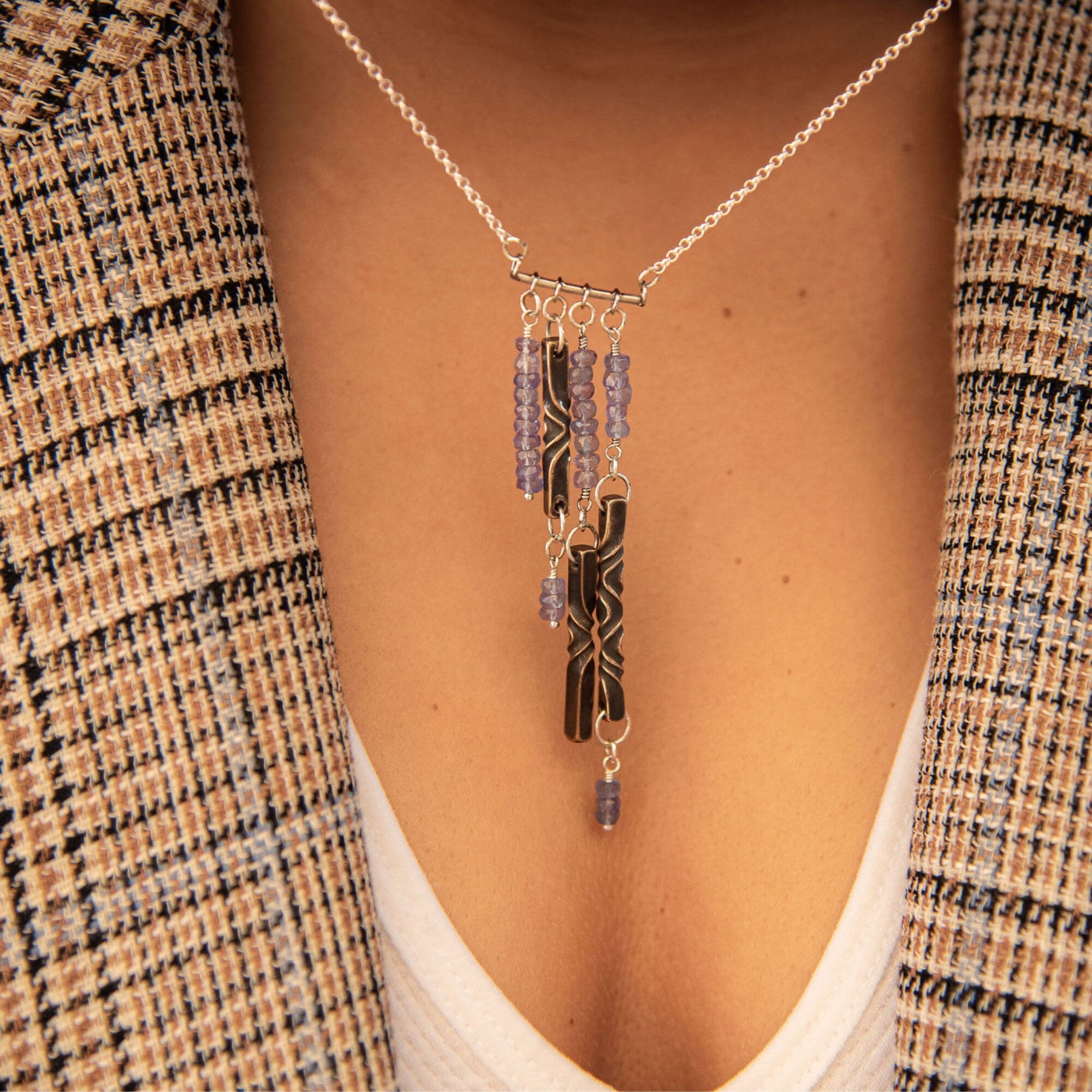 tanzanite and bronze bar necklace, 8th anniversary gift for wife, tanzanite jewelry, statement necklace by blacksmith, bronze anniversary