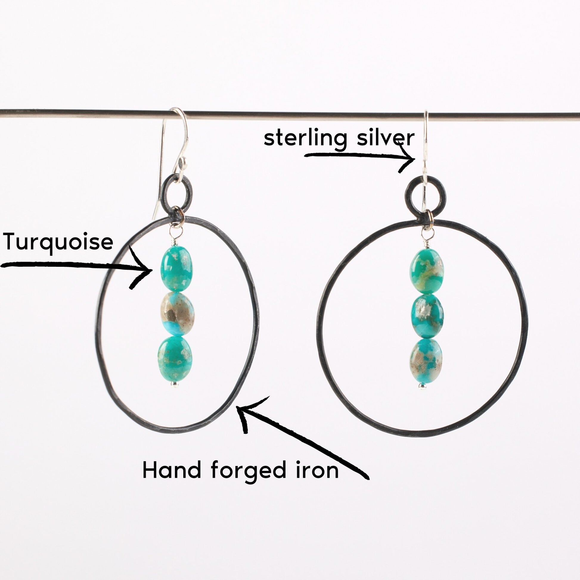 Iron Turquoise Stone Hoop Earrings - Steel Toe Studios
