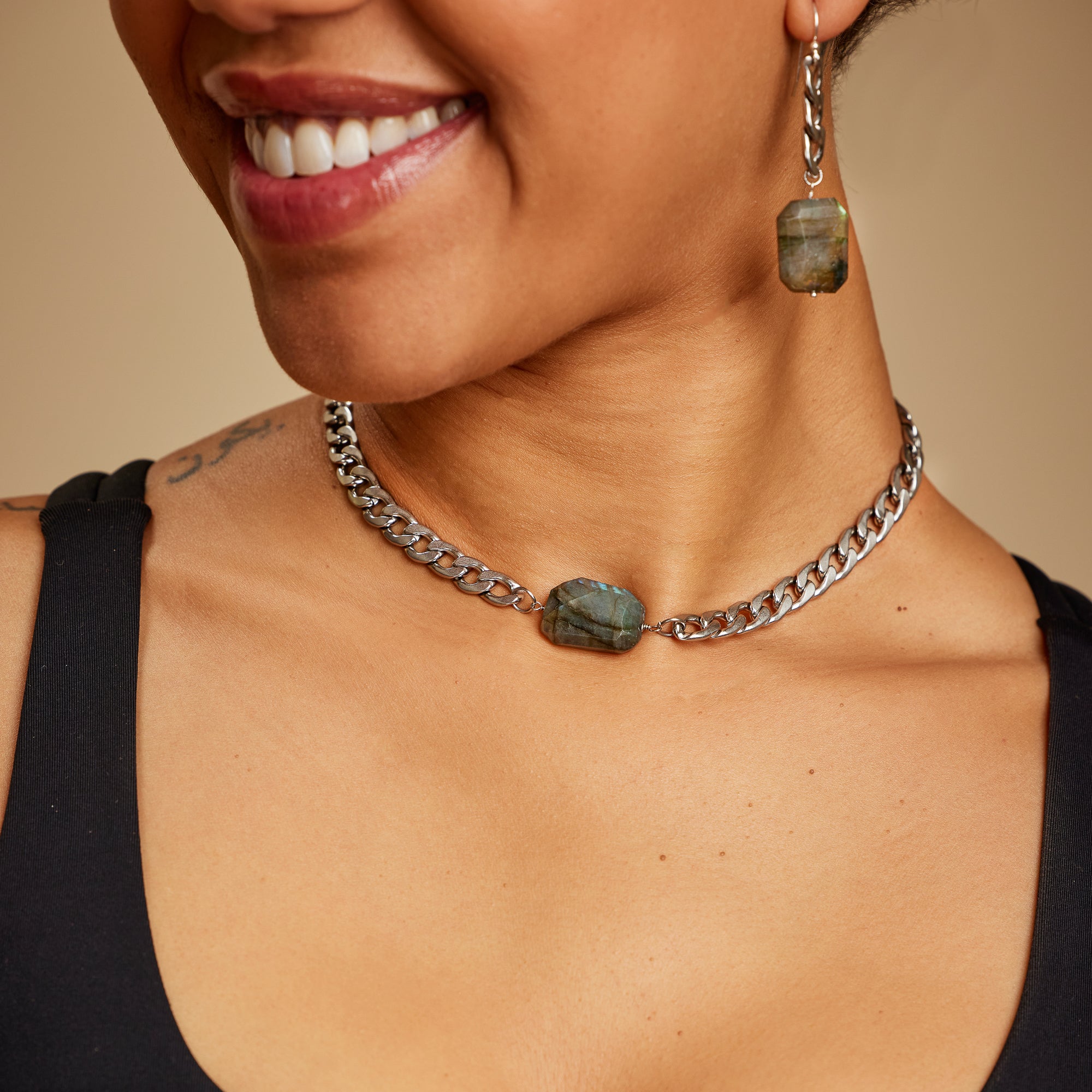 Stainless steel chain labradorite choker - Steel Toe Studios